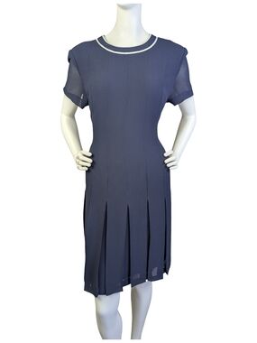 Vintage 90s Navy Pleated Dress Sheer Sleeves | Preppy Grunge Academia | Size 12